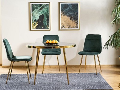 Casa Padrino Luxus Esstisch Schwarz / Gold Ø 100 x H. 75 cm - Runder Esszimmertisch mit Glasplatte in Marmoroptik - Esszimmer Möbel - Küchen Möbel
