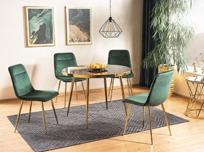 Casa Padrino Luxus Esstisch Schwarz / Gold Ø 100 x H. 75 cm - Runder Esszimmertisch mit Glasplatte in Marmoroptik - Esszimmer Möbel - Küchen Möbel