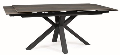 Casa Padrino Luxus Esstisch mit gehärteter Glaskeramik Tischplatte in Holzoptik Braun / Matt Schwarz 160-240 x 90 x H. 76 cm - Ausziehbarer Küchentisch - Esszimmer Möbel - Luxus Möbel