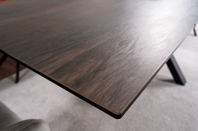 Casa Padrino Luxus Esstisch mit gehärteter Glaskeramik Tischplatte in Holzoptik Braun / Matt Schwarz 160-240 x 90 x H. 76 cm - Ausziehbarer Küchentisch - Esszimmer Möbel - Luxus Möbel