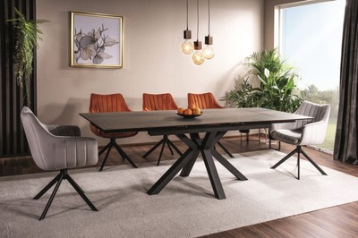 Casa Padrino Luxus Esstisch mit gehärteter Glaskeramik Tischplatte in Holzoptik Braun / Matt Schwarz 160-240 x 90 x H. 76 cm - Ausziehbarer Küchentisch - Esszimmer Möbel - Luxus Möbel