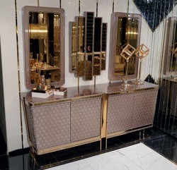 Luxus Sideboard mit 3 Spiegel Grau Gold