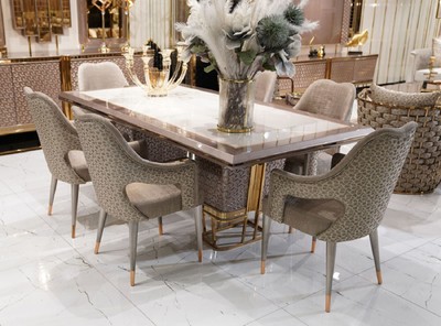 Casa Padrino set da pranzo di lusso bianco / grigio / oro - 1 Tavolo da Pranzo di Lusso e 6 Sedie da Pranzo di Lusso - Mobili per sala da pranzo di lusso
