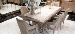 Luxus Esszimmer Set Esstisch und 6 Stühle Weiß Grau Gold