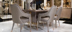 Luxus Esszimmer Set Esstisch und 6 Stühle Weiß Grau Gold