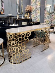 Luxus Konsole Konsolentisch mit Kunstmarmor Tischplatte Weiß Gold