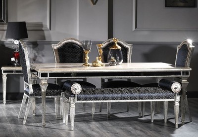 Casa Padrino conjunto de comedor barroco de lujo negro / plata antigua - 1 Mesa de comedor barroco y 4 Sillas de comedor barrocos y 1 Banco barroco - Muebles de comedor de lujo en estilo barroco