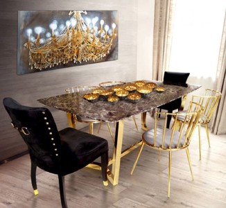 Casa Padrino Luxus Esstisch Braun / Gold 200 x 100 x H. 75 cm - Esszimmer Tisch mit Kunstmarmor Tischplatte - Esszimmer Möbel - Luxus Möbel - Luxus Einrichtung