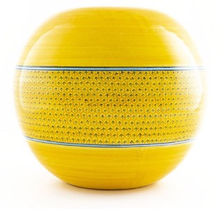 Casa Padrino luxury ceramic vase yellow / blue / black Ø 30 x H. 26 cm - Round handmade & hand-painted flower vase - Decorative accessories - Luxury quality - Made in Italy