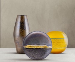 Casa Padrino luxury ceramic vase yellow / blue / black Ø 30 x H. 26 cm - Round handmade & hand-painted flower vase - Decorative accessories - Luxury quality - Made in Italy