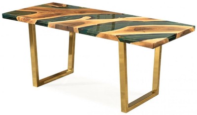 Casa Padrino mesa de comedor de lujo natural / marrón / verde / oro 160 x 80 x A. 76 cm - Mesa de cocina rectangular con resina epoxi - Muebles de comedor de lujo - Muebles de resina epoxi