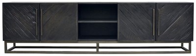 Rustikaler Luxus Massivholz TV Schrank mit 4 Türen Schwarz Messing