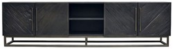 Casa Padrino armadio TV di lusso in legno massello nero / ottone 220 x 43 x A. 60 cm - Credenza da soggiorno rustica legno di rovere con 4 ante - Mobili soggiorno rustici legno massiccio di lusso