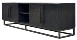 Casa Padrino armadio TV di lusso in legno massello nero / ottone 220 x 43 x A. 60 cm - Credenza da soggiorno rustica legno di rovere con 4 ante - Mobili soggiorno rustici legno massiccio di lusso
