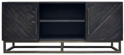 Rustikaler Luxus Massivholz TV Schrank mit 2 Türen Schwarz Messing