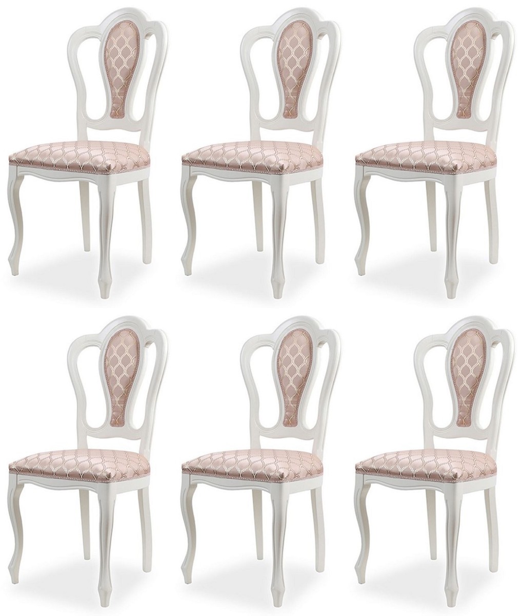 Casa Padrino luxury baroque dining chair set of 6 with pattern pink / white - Magnificent baroque style kitchen chairs - Magnificent luxury dining room furniture in baroque style Casa Padrino luxury baroque dining chair set of 6 with pattern pink / white - Magnificent baroque style kitchen chairs - Magnificent luxury dining room furniture in baroque style