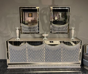 Luxus Art Deco Sideboard mit Spiegel Creme Gold