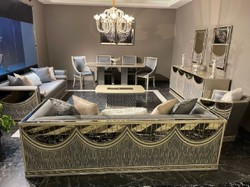 Luxus Art Deco Sideboard mit Spiegel Creme Gold