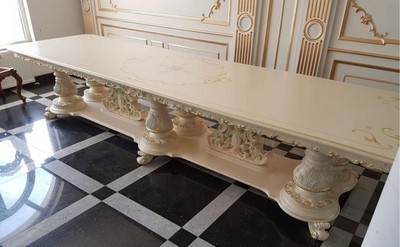 Casa Padrino table à manger baroque de luxe ivoire / multicolore / or - Grande table de salle à manger en bois massif de style baroque - Meubles de salle à manger baroques - Fabriqué en Italie Casa Padrino table à manger baroque de luxe ivoire / multicolore / or - Grande table de salle à manger en bois massif de style baroque - Meubles de salle à manger baroques - Fabriqué en Italie