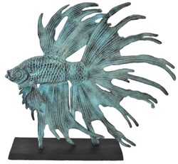 Casa Padrino scultura decorativa di lusso in alluminio pesce combattente siamese turchese / nero 55 x 11,5 x A. 52,5 cm - Figura in alluminio con base in legno - Decorazione soggiorno e scrivania
