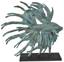 Casa Padrino scultura decorativa di lusso in alluminio pesce combattente siamese turchese / nero 55 x 11,5 x A. 52,5 cm - Figura in alluminio con base in legno - Decorazione soggiorno e scrivania
