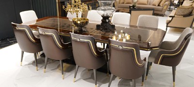 Casa Padrino set da sala da pranzo di lusso grigio / marrone / oro - 1 Tavolo da Pranzo e 10 Sedie da Pranzo - Mobili da pranzo di lusso - Qualità di Lusso Casa Padrino set da sala da pranzo di lusso grigio / marrone / oro - 1 Tavolo da Pranzo e 10 Sedie da Pranzo - Mobili da pranzo di lusso - Qualità di Lusso