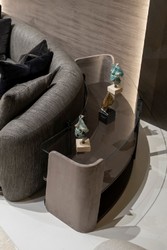 Casa Padrino luxury shelf cabinet gray / dark brown / bronze 141.45 x 105.41 x H. 61.5 cm - Curved cabinet with glass top - Living room furniture - Hotel furniture - Luxury furniture