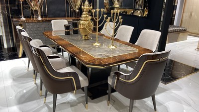 Casa Padrino set da sala da pranzo di lusso grigio / marrone / oro - 1 Tavolo da Pranzo e 8 Sedie da Pranzo - Mobili da pranzo di lusso - Qualità di Lusso Casa Padrino set da sala da pranzo di lusso grigio / marrone / oro - 1 Tavolo da Pranzo e 8 Sedie da Pranzo - Mobili da pranzo di lusso - Qualità di Lusso