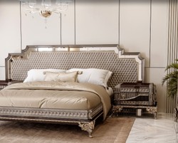 Casa Padrino letto matrimoniale barocco di lusso e 2 comodini grigio / marrone scuro / oro