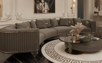 Gebogenes Luxus Art Deco 4er Sofa Dunkelgrau Gold