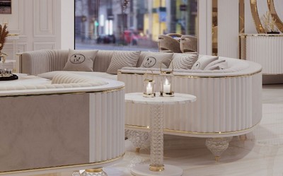 Gebogenes Luxus Art Deco 4er Sofa Weiß Grau Gold