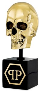 Philipp Plein Luxus Designer Deko Totenkopf mit Marmorsockel Gold Schwarz