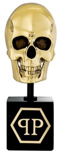 Philipp Plein Luxus Designer Deko Totenkopf Gold / Schwarz H. 20cm - Skull Skulptur aus Marmorsockel