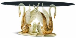 Ovaler Luxus Barock Massivholz Esstisch mit Glasplatte Elfenbein Gold