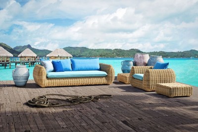 Casa Padrino Luxus 3er Gartensofa Naturfarben / Blau 254 cm
