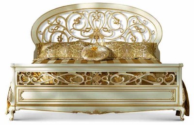 Prunkvolles Luxus Barock Massivholz Doppelbett Elfenbein Gold