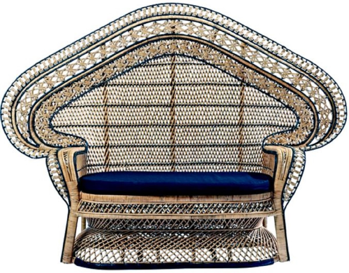 Vintage Garten Terrassen Rattan Sofa mit Sitzkissen Naturfarben Blau