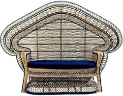 Vintage Garten Terrassen Rattan Sofa mit Sitzkissen Naturfarben Blau