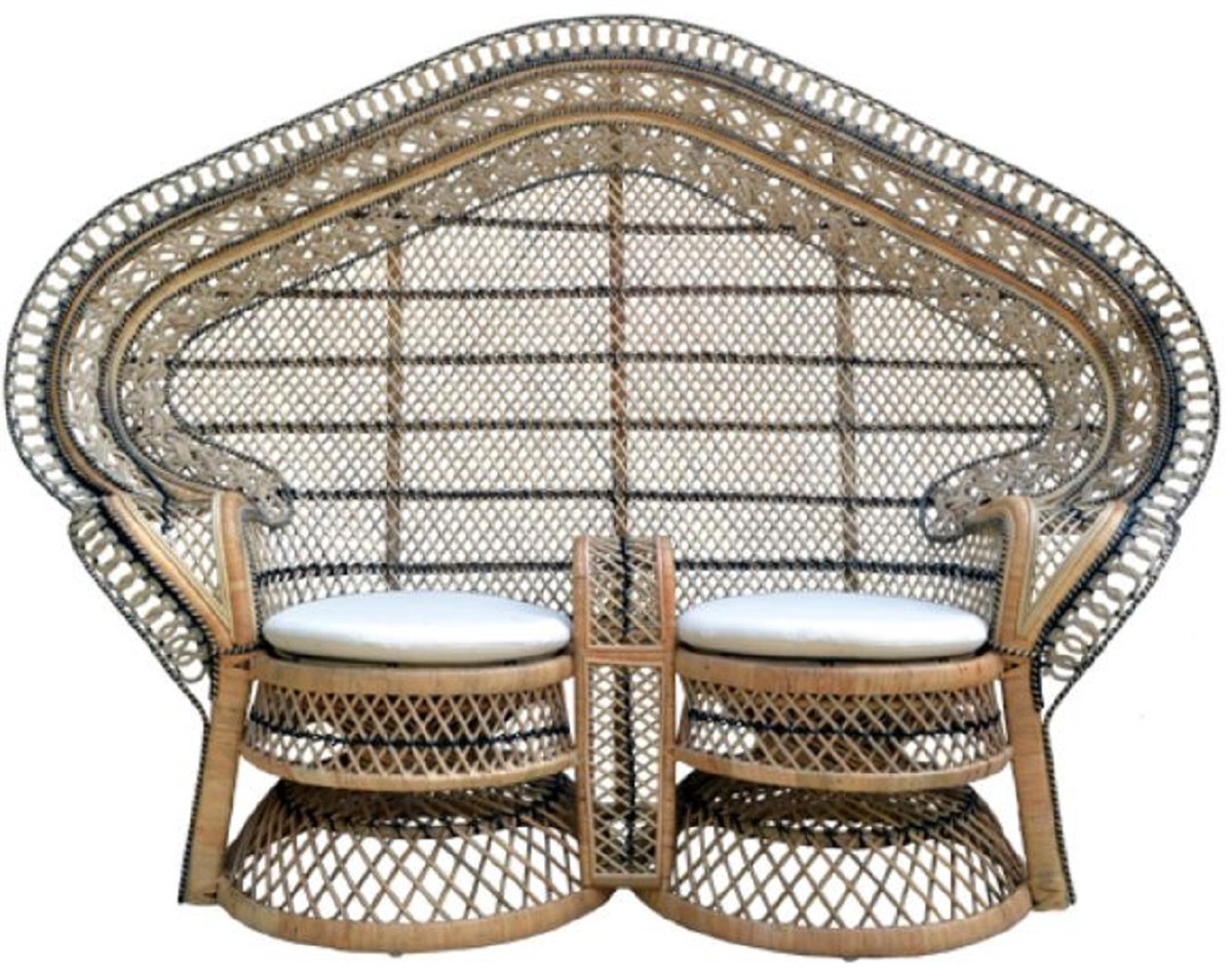 Vintage Garten Terrassen Rattan Sofa mit Sitzkissen Naturfarben Blau Weiß