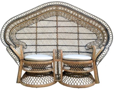 Vintage Garten Terrassen Rattan Sofa mit Sitzkissen Naturfarben Blau Weiß