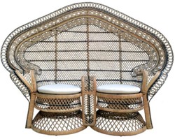 Vintage Garten Terrassen Rattan Sofa mit Sitzkissen Naturfarben Blau Weiß