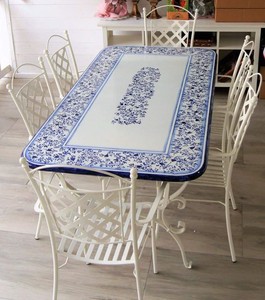 Luxus Jugendstil Schmiedeeisen Lavastein Gartenmöbel Set Blau Weiß
