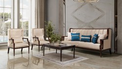 Prunkvolles Luxus Barock Wohnzimmer Möbel Set Beige Blau Dunkelbraun