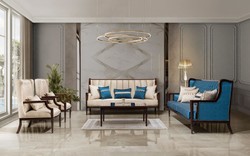 Prunkvolles Luxus Barock Wohnzimmer Möbel Set Beige Blau Dunkelbraun