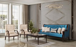 Prunkvolles Luxus Barock Wohnzimmer Möbel Set Beige Blau Dunkelbraun