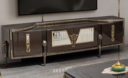 Luxus Barock Massivholz TV Schrank Dunkelbraun Gold