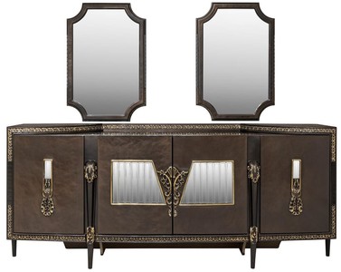 Luxus Barock Sideboard und 2 Spiegel Dunkelbraun Gold