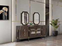Luxus Barock Sideboard und 2 Spiegel Dunkelbraun Gold