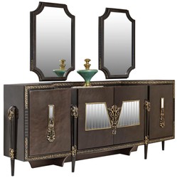 Luxus Barock Sideboard und 2 Spiegel Dunkelbraun Gold