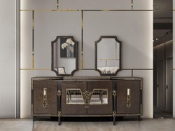 Luxus Barock Sideboard und 2 Spiegel Dunkelbraun Gold